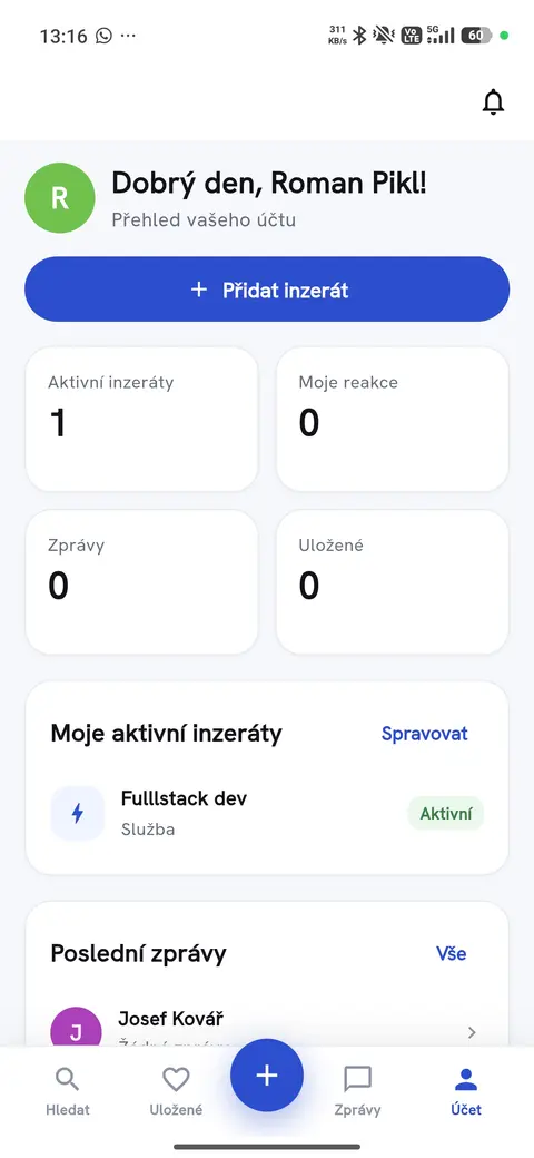 Ondirectly aplikace — přehled účtu