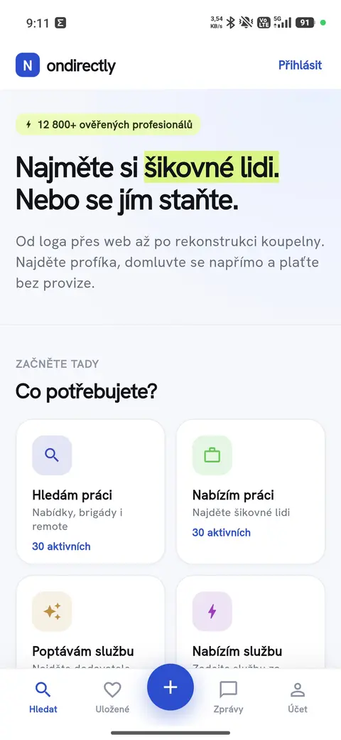 Ondirectly aplikace — úvodní obrazovka